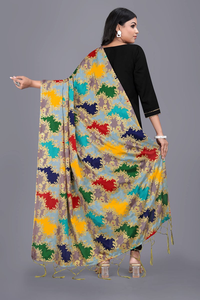 KEMZA Women's Printed Silk Dupatta (Multi Colour) with Tassels Border and Phulkari Print Banarasi Dupatta - Image 4