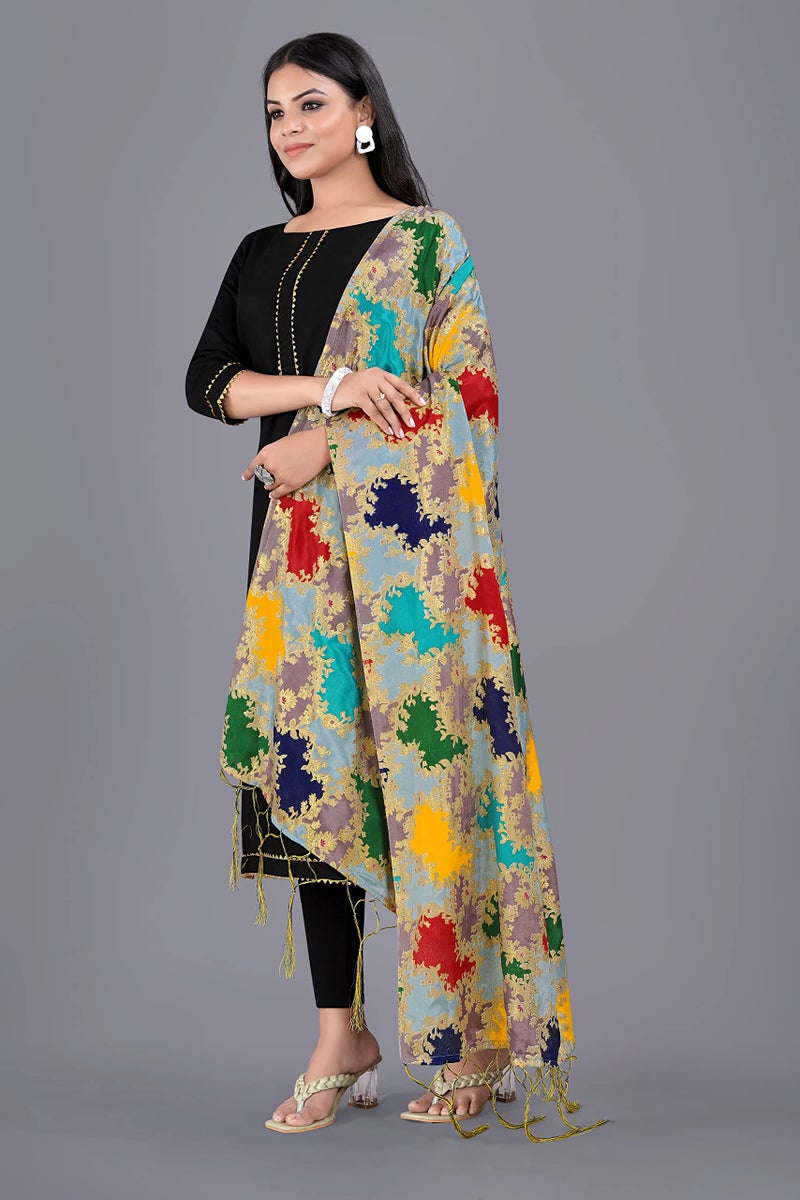 KEMZA Women's Printed Silk Dupatta (Multi Colour) with Tassels Border and Phulkari Print Banarasi Dupatta - Image 2