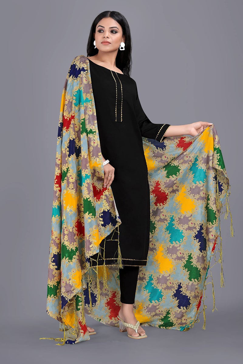 KEMZA Women's Printed Silk Dupatta (Multi Colour) with Tassels Border and Phulkari Print Banarasi Dupatta - Image 5