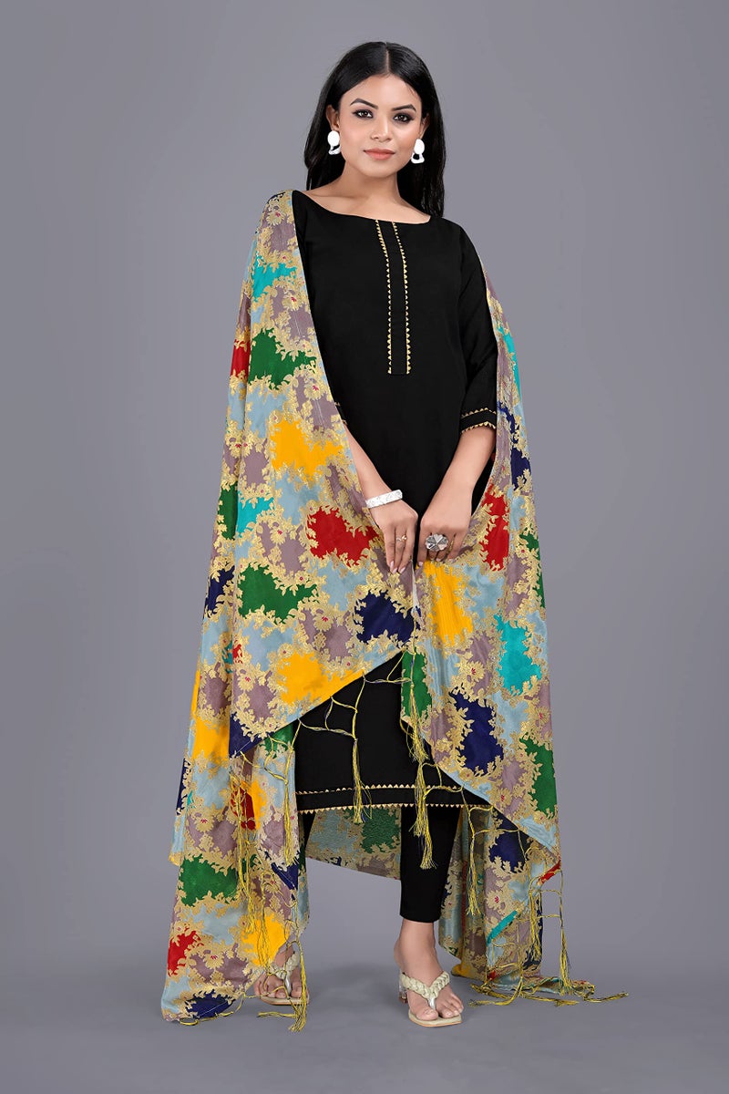 KEMZA Women's Printed Silk Dupatta (Multi Colour) with Tassels Border and Phulkari Print Banarasi Dupatta - Image 3