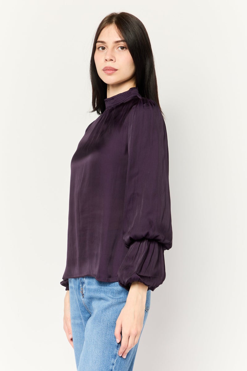 CARMEN MARC VALVO Women Ruffle Neck Balloon Sleeves Plain Top, Dark Magenta - Image 3