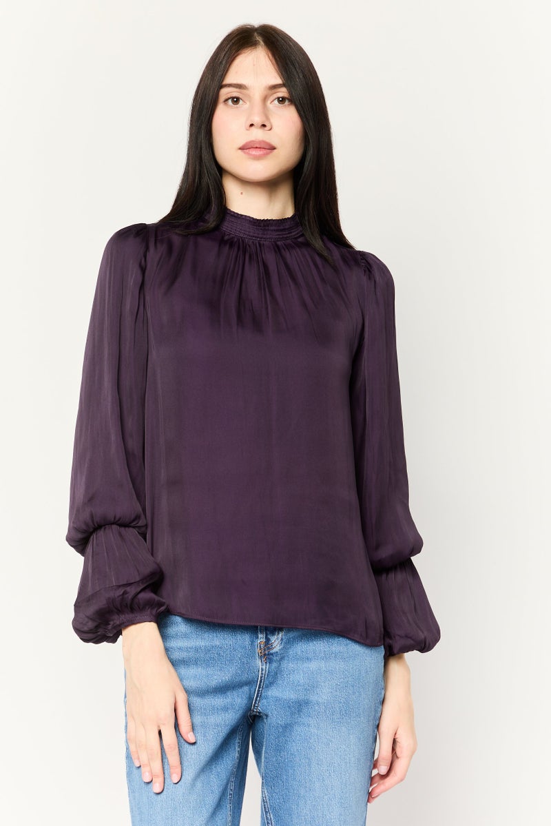 CARMEN MARC VALVO Women Ruffle Neck Balloon Sleeves Plain Top, Dark Magenta - Image 1