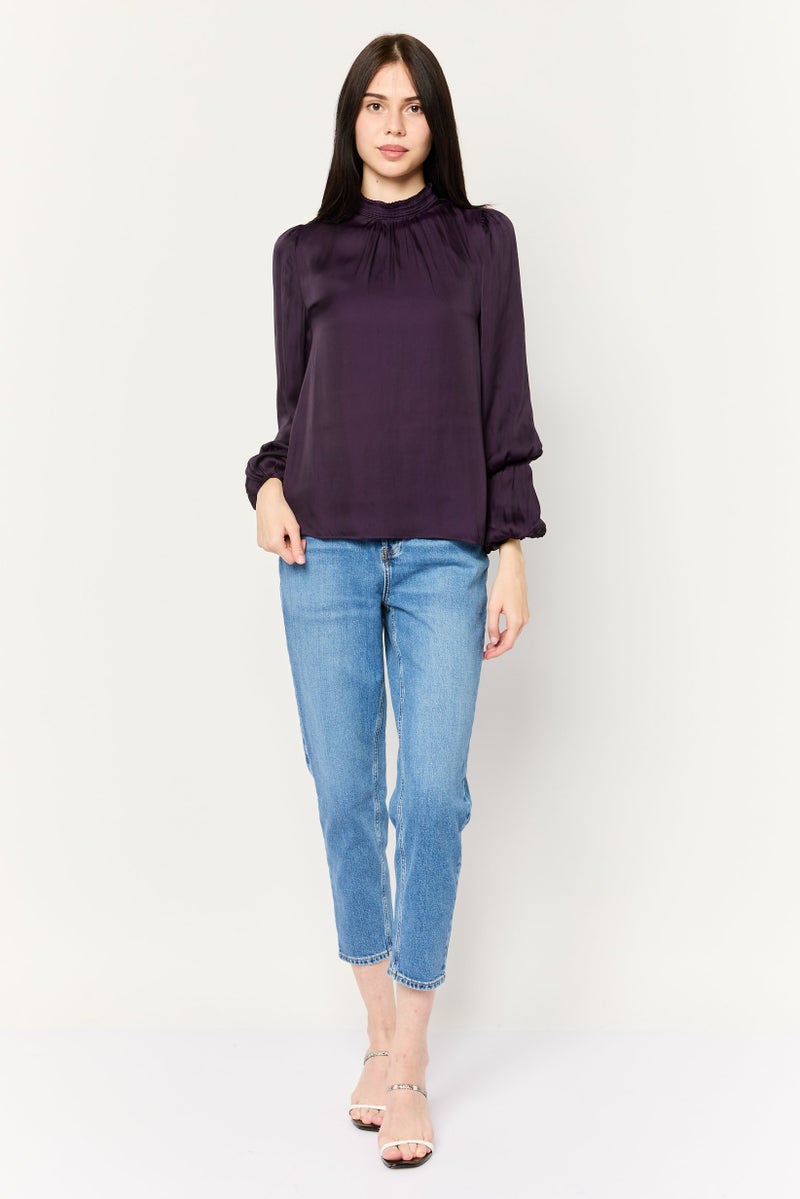 CARMEN MARC VALVO Women Ruffle Neck Balloon Sleeves Plain Top, Dark Magenta - Image 2