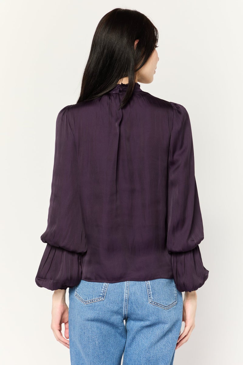 CARMEN MARC VALVO Women Ruffle Neck Balloon Sleeves Plain Top, Dark Magenta - Image 4