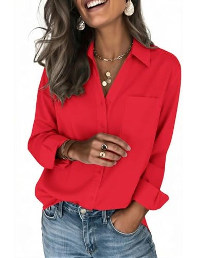 Zeagoo Women's Long Sleeve Button Down Shirt - Classic V-Neck, Solid Color, Stretch Fabric, Regular Fit, Versatile Office & Casual Top