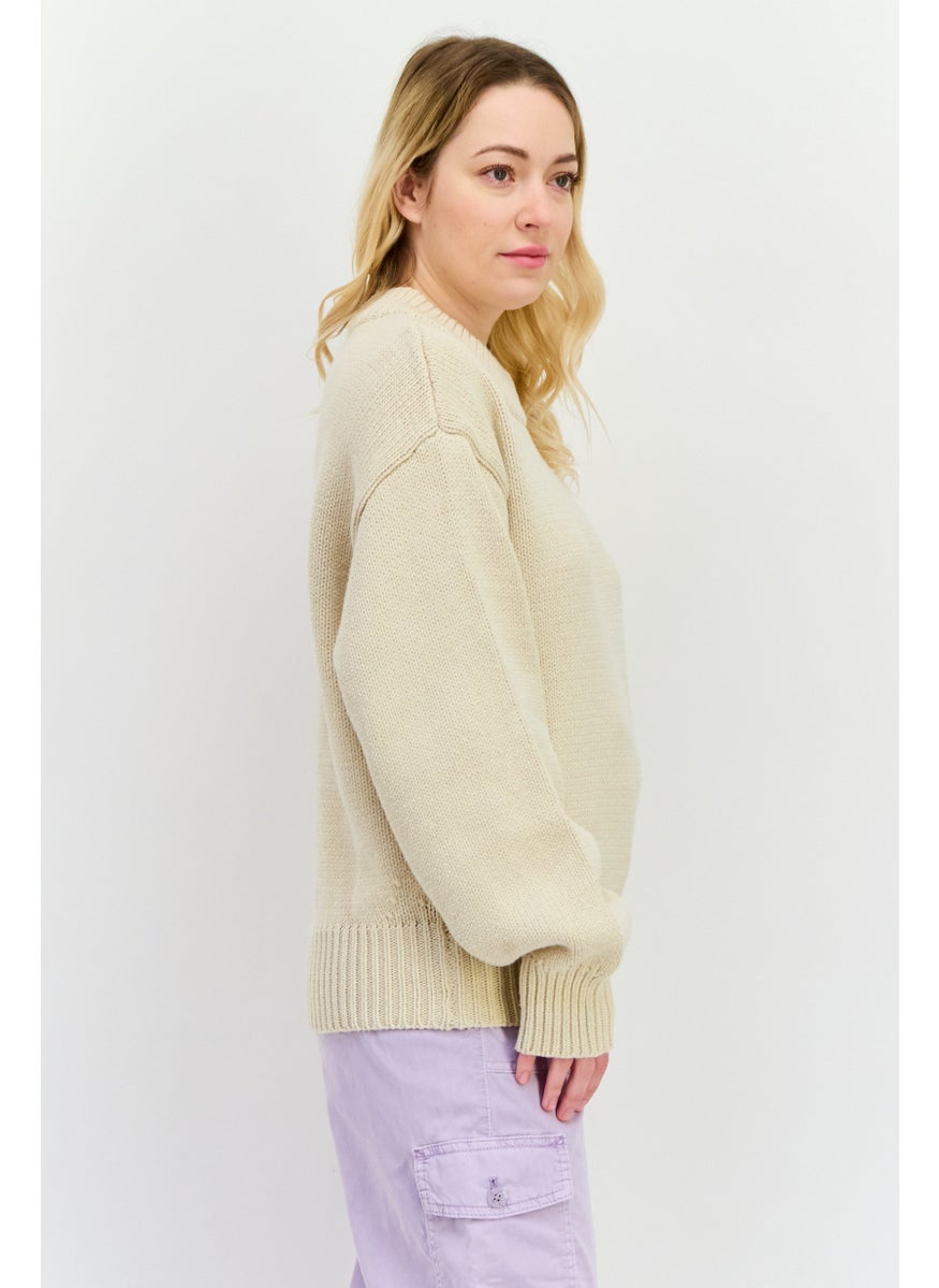 NIA - Women Crew Neck Knitted Sweater, Beige - Image 1