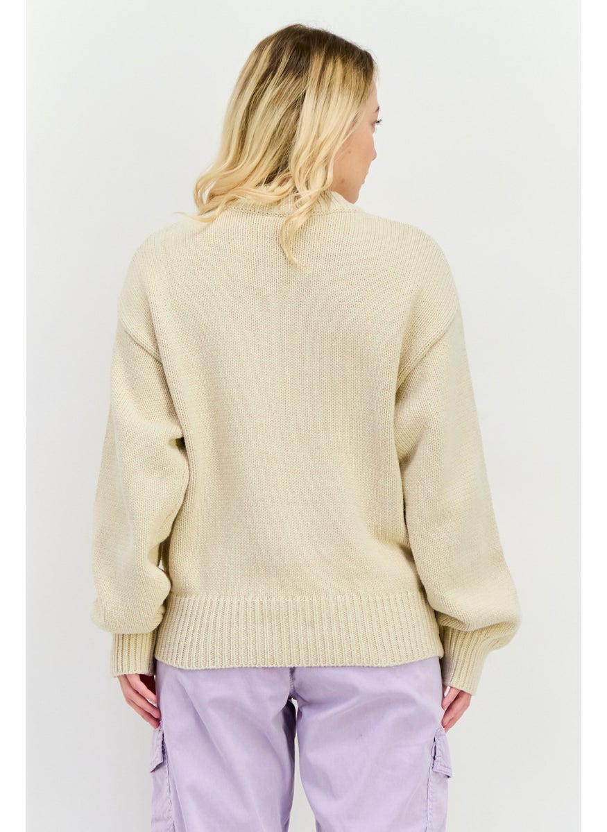NIA - Women Crew Neck Knitted Sweater, Beige - Image 1