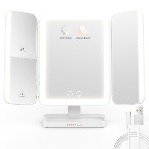 EASEHOLD Makeup Mirror with Lights Rechargable Lighted Vanity Mirror with 116 LEDs 1X2X3X Magnifying 3Color Mirror with LED Lights5000 mAh Lighted Makeup Mirror Adjustable BrightnessAngle