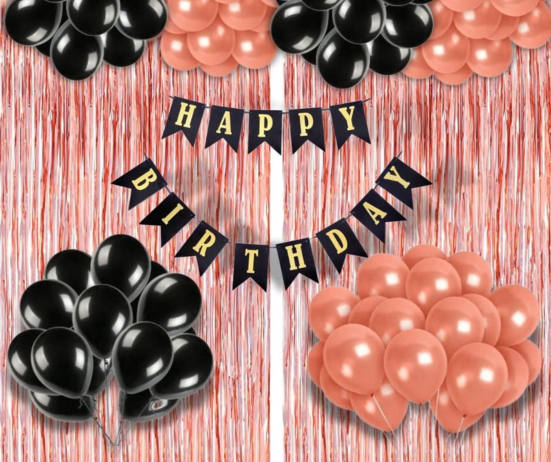 Flyloons Birthday Decoration items for Girls with Black and Rose Gold Balloons, Black Happy Birthday Banner, Rose Gold Foil Curtain - Image 5