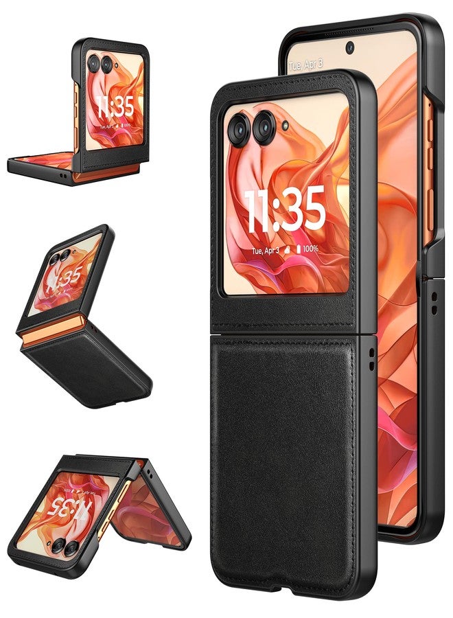 Foluu for Motorola Razr 2024/2025 Case, Leather + Hard PC Shell Ultra Thin Slim Durable Protective Phone Case Cover (Black) - Image 1