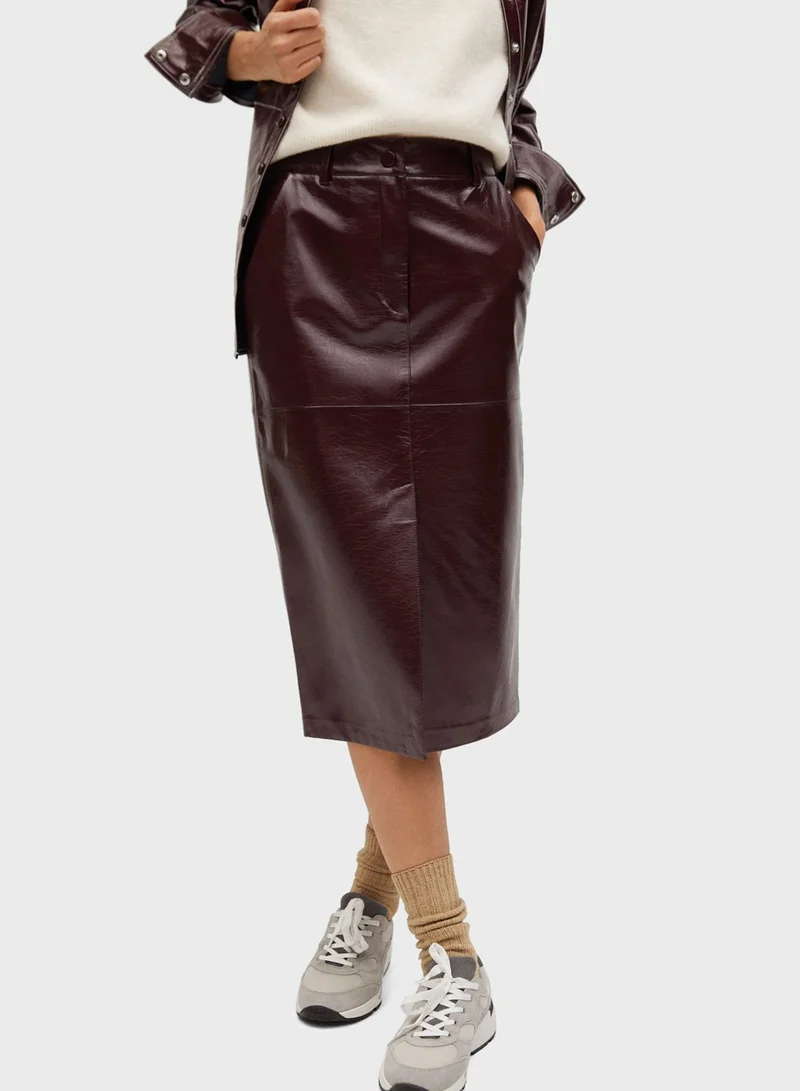 MANGO Front Slit Leather Skirt