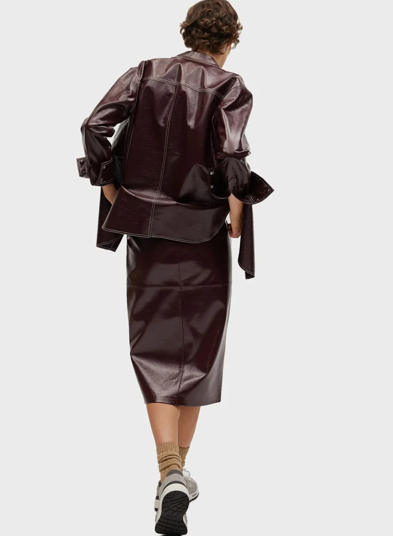 MANGO Front Slit Leather Skirt