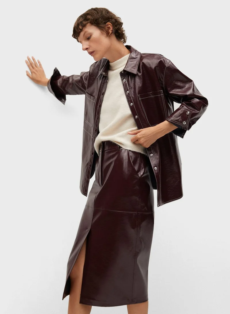 MANGO Front Slit Leather Skirt