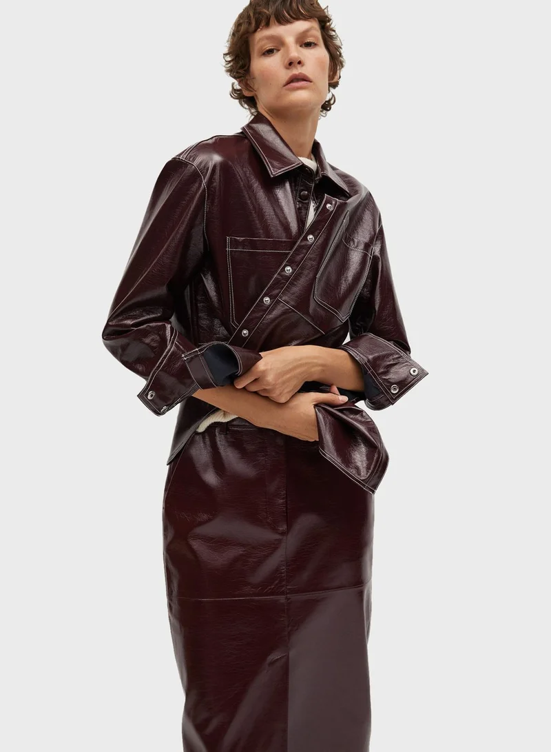 MANGO Front Slit Leather Skirt