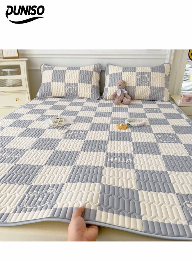 DUNISO 3-Piece of Ice Silk Cooling Bedding Set,Extreme Heat Cooling Bedding Set,Anti-Slip Latex Cool Silk Bed Cover with 2 Pillowcases,Latex Mattress Pad for Summer Heat,Breathable Sheets,Night Sweat Relief,Gray White Checkered Bear Pattern，150*200CM  - Image 1