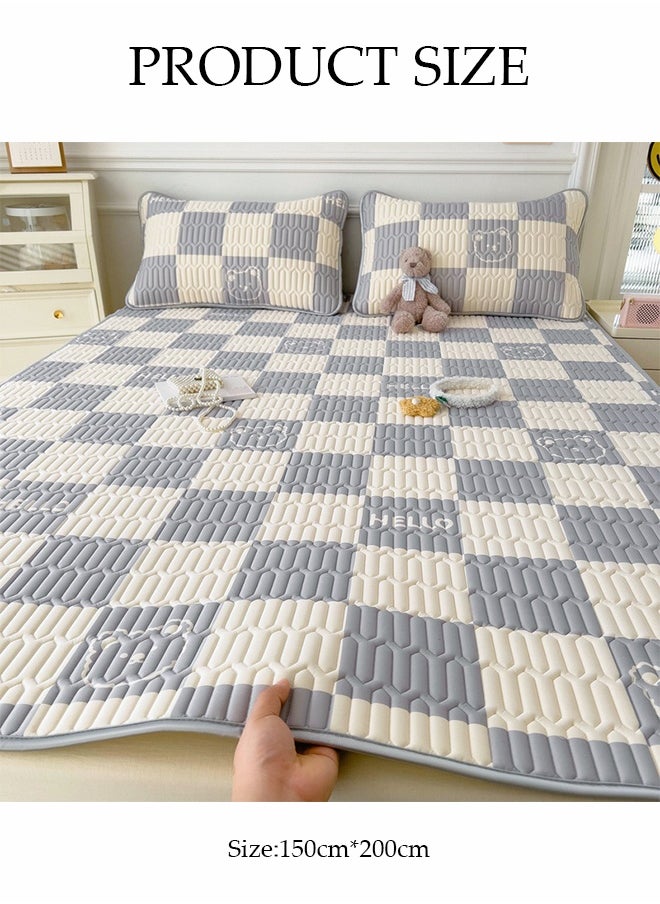 DUNISO 3-Piece of Ice Silk Cooling Bedding Set,Extreme Heat Cooling Bedding Set,Anti-Slip Latex Cool Silk Bed Cover with 2 Pillowcases,Latex Mattress Pad for Summer Heat,Breathable Sheets,Night Sweat Relief,Gray White Checkered Bear Pattern，150*200CM  - Image 2
