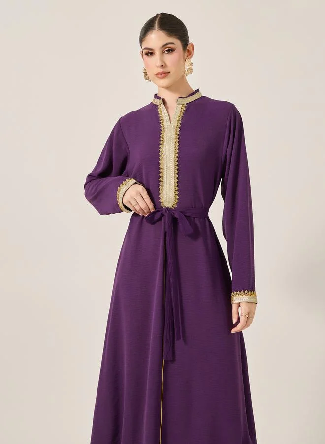 Styli Pleated Collared Lace Detail A-Line Jalabyia
