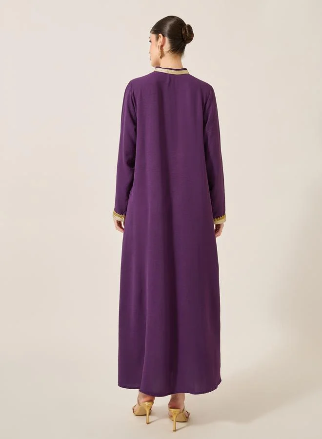 Styli Pleated Collared Lace Detail A-Line Jalabyia