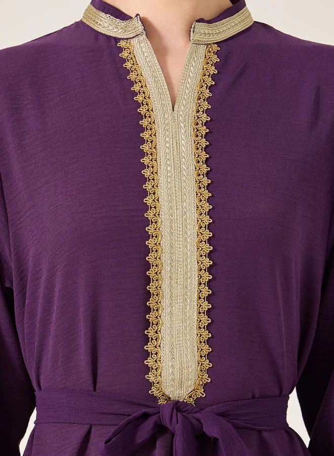 Styli Pleated Collared Lace Detail A-Line Jalabyia