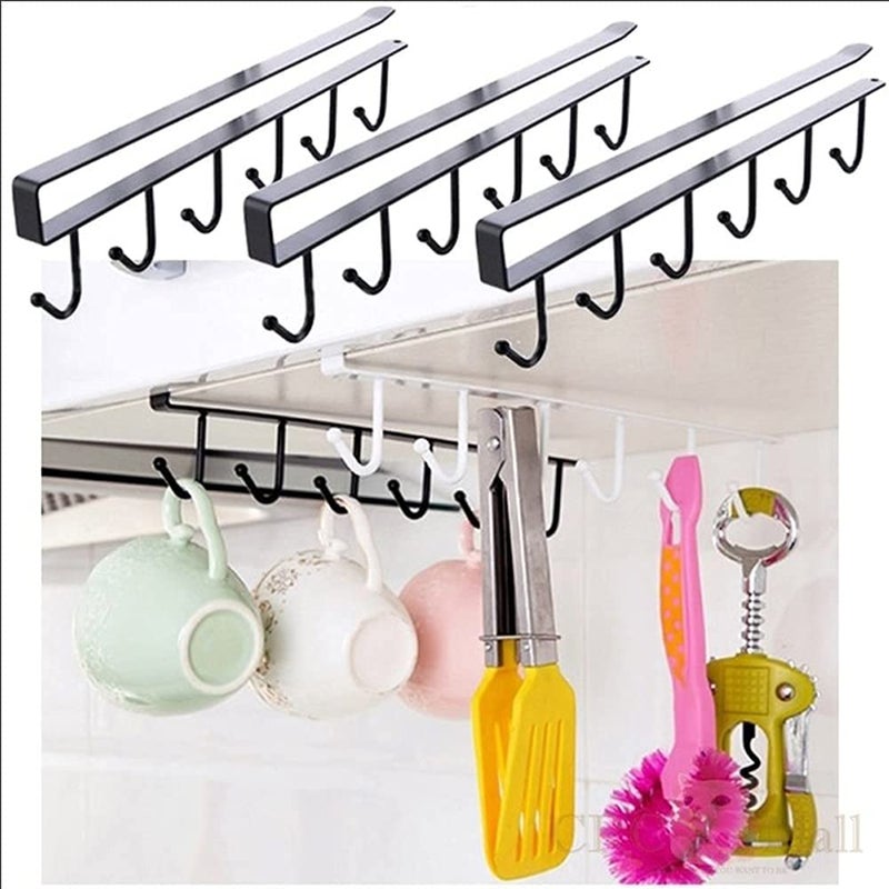 SEVEN HORSE TECH SEVEN HORSE TECH 6Hook Multifunctional Stainless Steel Nail Free Hanger Coffee Tea Mugs Scarfs Ties Storage for Kitchen Door Organizer Under Cabinet Shelf Drawer  - Image 1