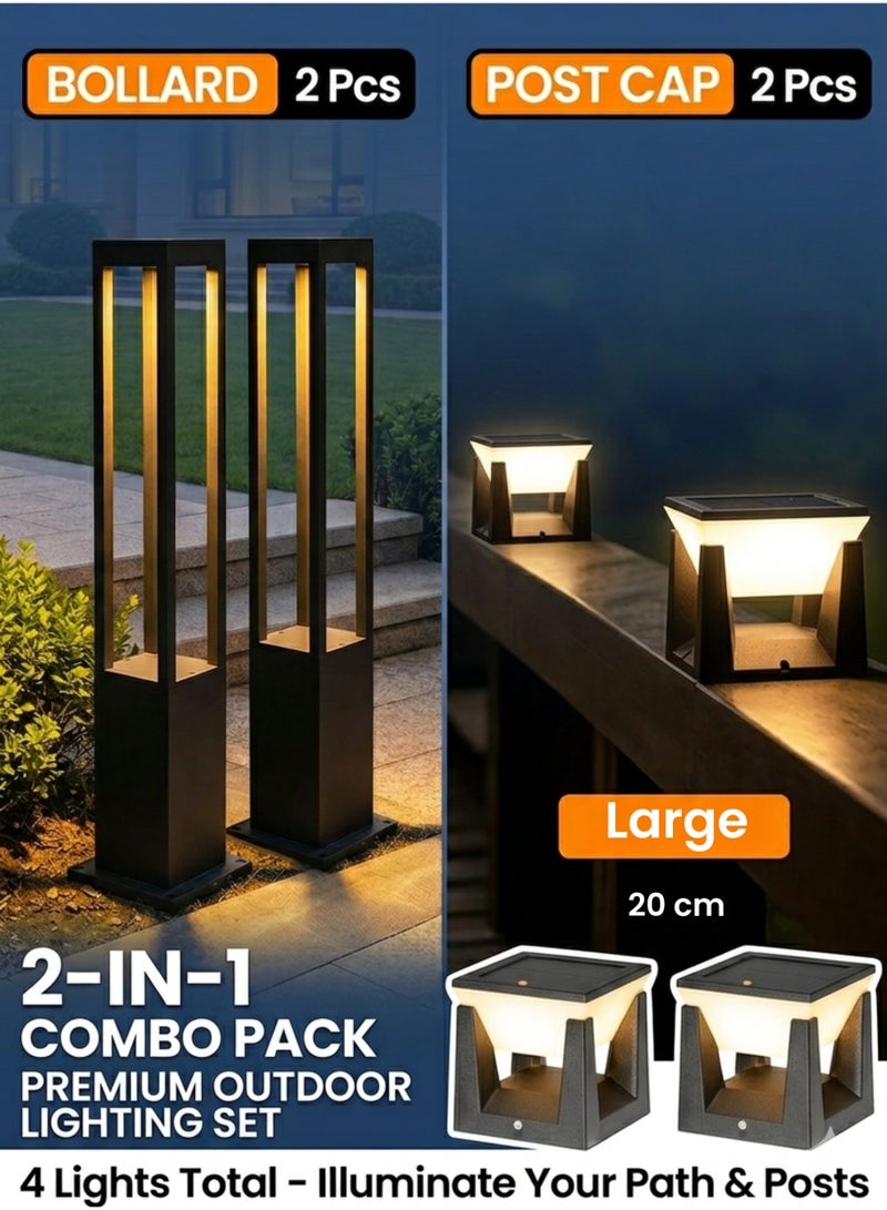 Vmax Premium 4-Pack Outdoor Lighting Combo: 2x 80cm 12W LED Bollard Lights & 2x 20cm Solar Post Cap Lights (3-Color CCT, Waterproof) - Image 1