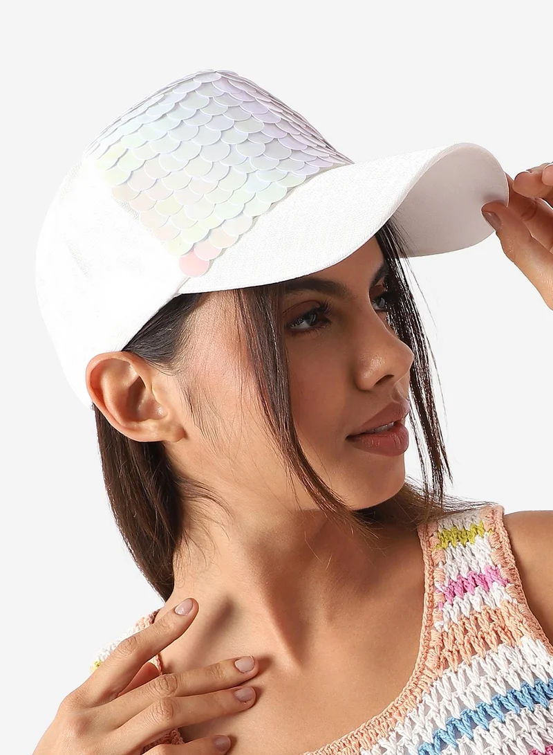 Haute Sauce Haute Sauce Women's Maxi Sequin Baseball Cap For Outdoor Everyday Wear | White Colour | Adjustable | UV Protection | Lightweight | Packable | Casual Headwear For Women & Girls