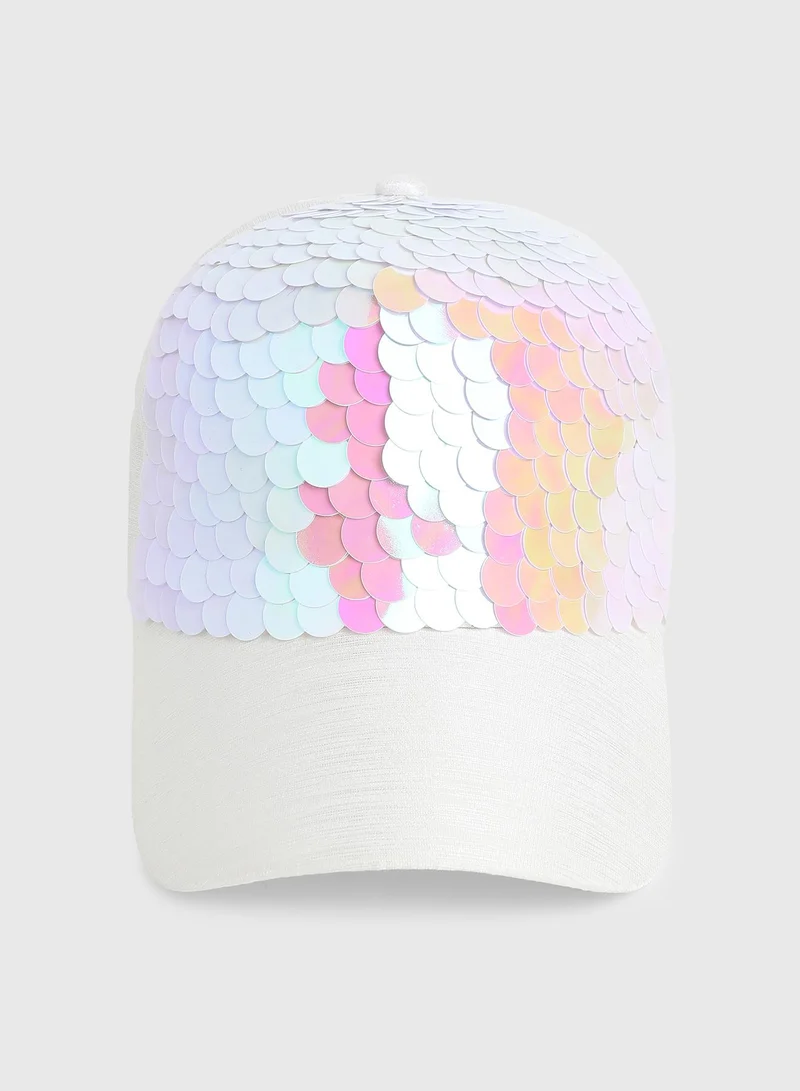 Haute Sauce Haute Sauce Women's Maxi Sequin Baseball Cap For Outdoor Everyday Wear | White Colour | Adjustable | UV Protection | Lightweight | Packable | Casual Headwear For Women & Girls