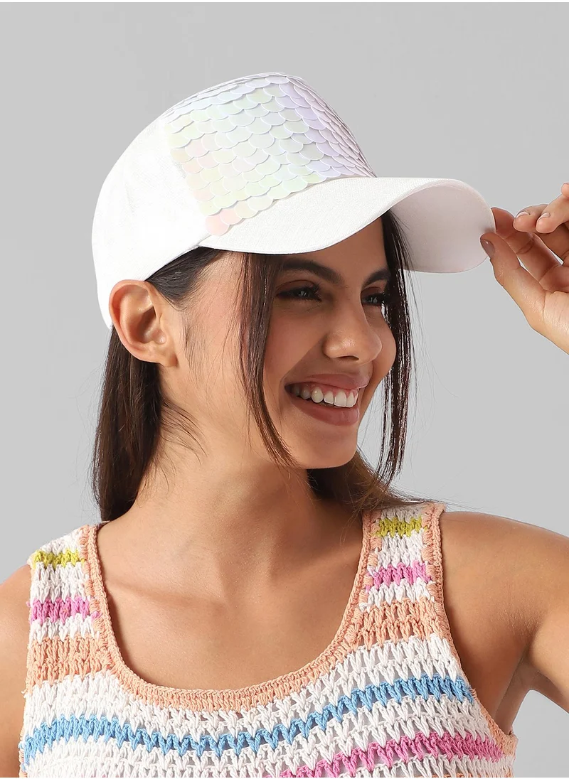 صوص هاوت Haute Sauce Women's Maxi Sequin Baseball Cap For Outdoor Everyday Wear | White Colour | Adjustable | UV Protection | Lightweight | Packable | Casual Headwear For Women & Girls