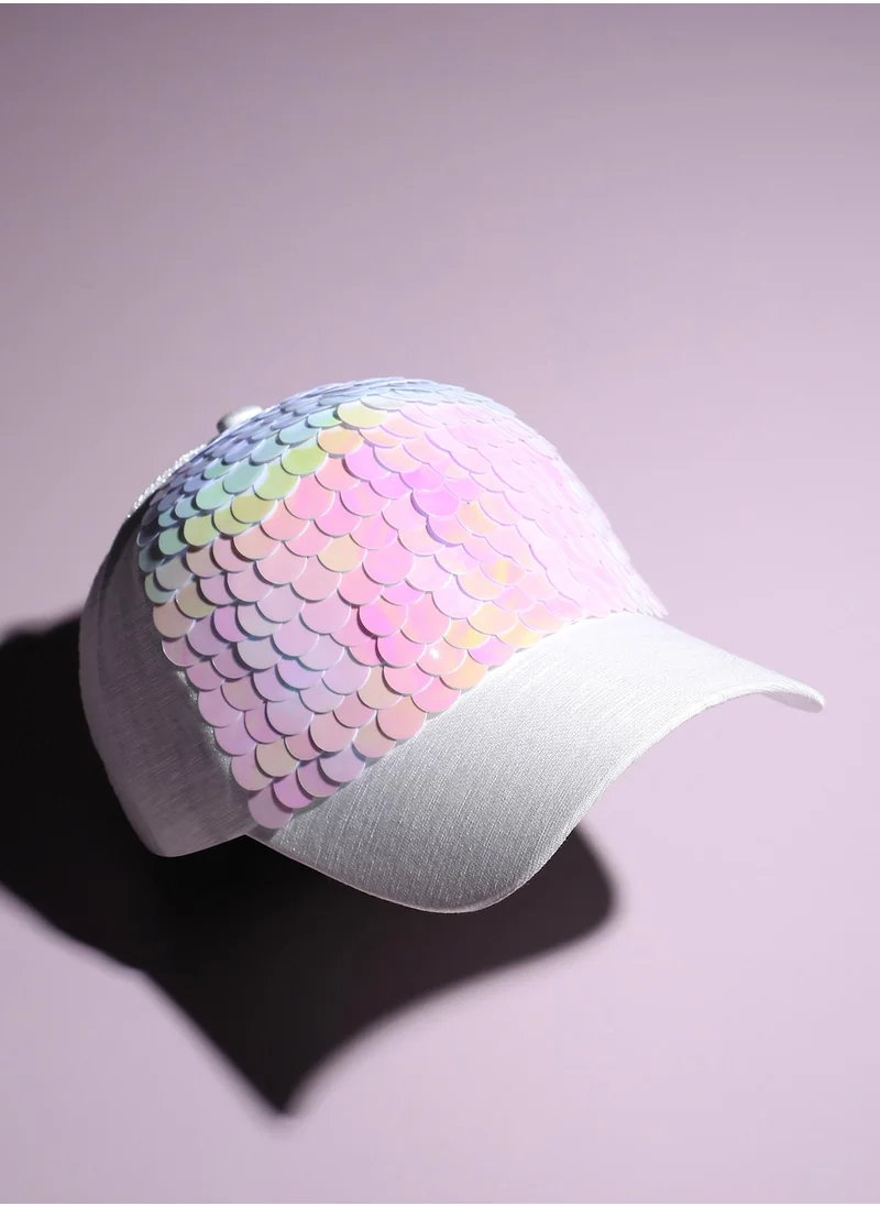 صوص هاوت Haute Sauce Women's Maxi Sequin Baseball Cap For Outdoor Everyday Wear | White Colour | Adjustable | UV Protection | Lightweight | Packable | Casual Headwear For Women & Girls