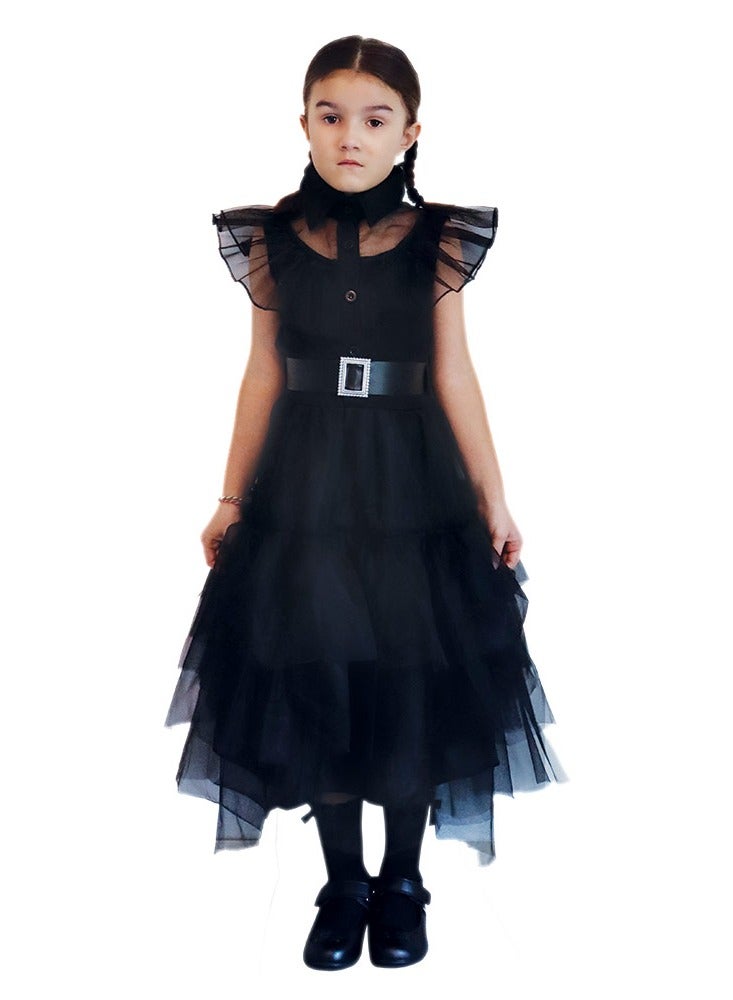 MAD TOYS Wednesday Fancy Black Prom Dress with Belt Child Halloween Costumes for Trick or Treat Roleplay Dress Up Theme Party  - Image 1