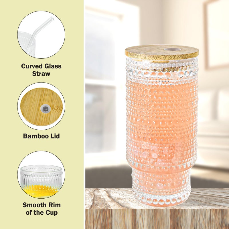 Icesip 4 Pcs 16 oz Glasses Cups with Bamboo Lids Straws Brush Hobnail Glassware Set for Juice Iced Coffee Soda Cocktail Juice - Image 4
