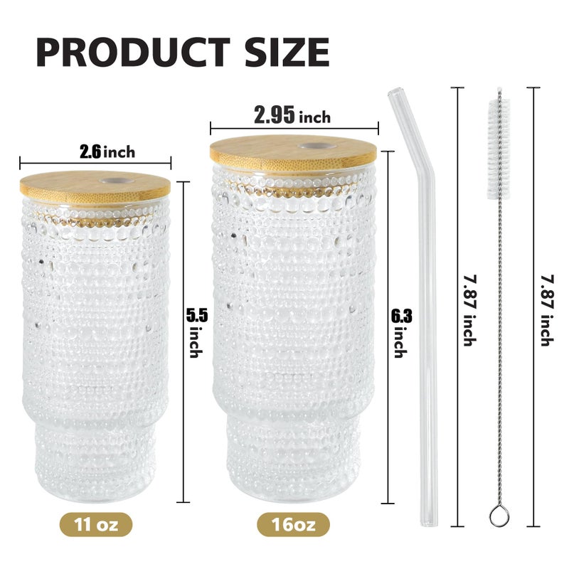 Icesip 4 Pcs 16 oz Glasses Cups with Bamboo Lids Straws Brush Hobnail Glassware Set for Juice Iced Coffee Soda Cocktail Juice - Image 5