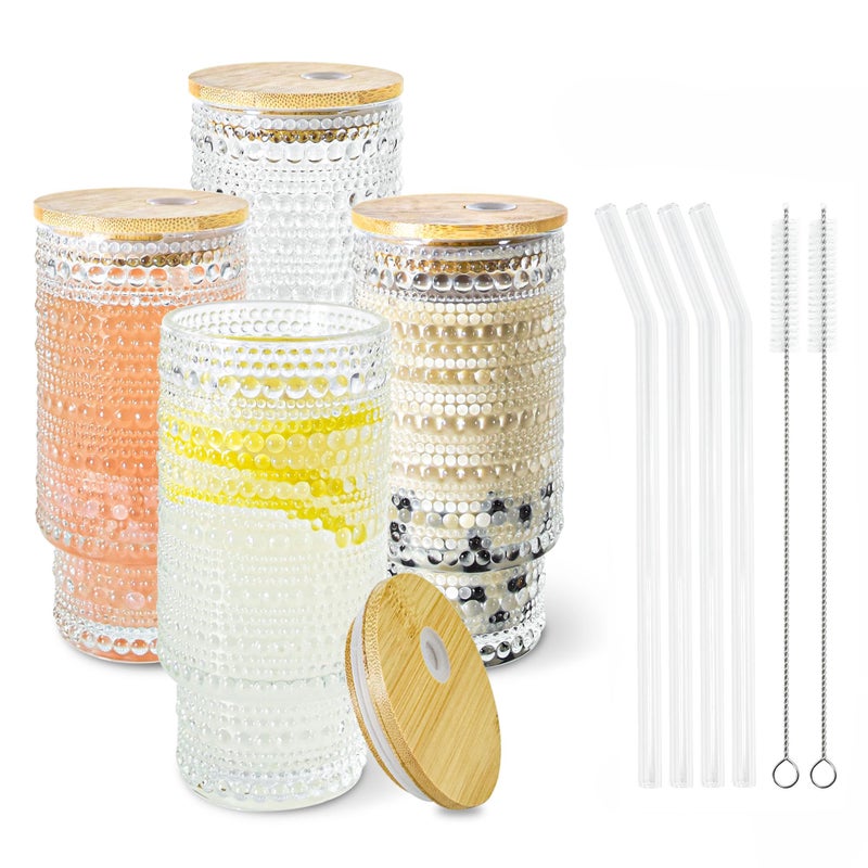 Icesip 4 Pcs 16 oz Glasses Cups with Bamboo Lids Straws Brush Hobnail Glassware Set for Juice Iced Coffee Soda Cocktail Juice - Image 1