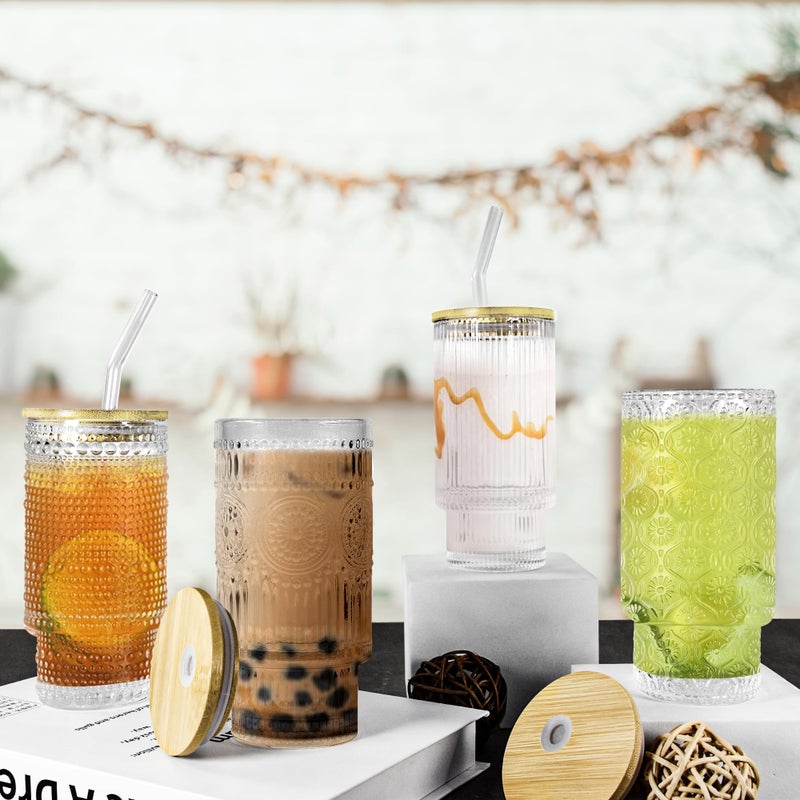 Icesip 4 Pcs 16 oz Glasses Cups with Bamboo Lids Straws Brush Hobnail Glassware Set for Juice Iced Coffee Soda Cocktail Juice - Image 2