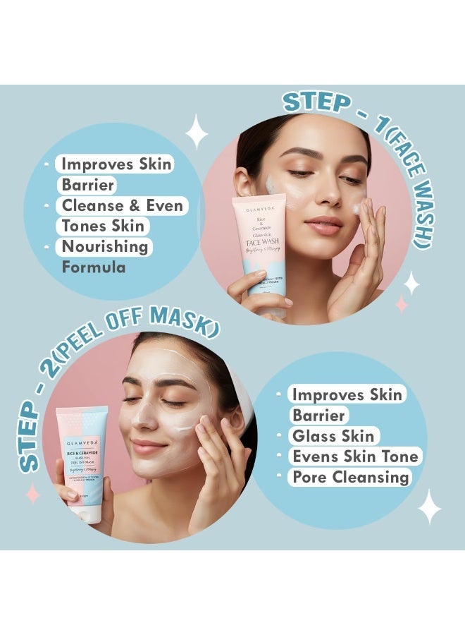 Glamveda Korean Rice & Ceramide 8 Step Weekly Skincare Routine For Women | Face wash 100ml, Peel Off Mask 100g, Toner 100ml, Serum 30ml, Under eye cream 15g, Moisturizer 50ml, Sunscreen 50g& Body Lotion 200ml| Skin Brightening - Image 2