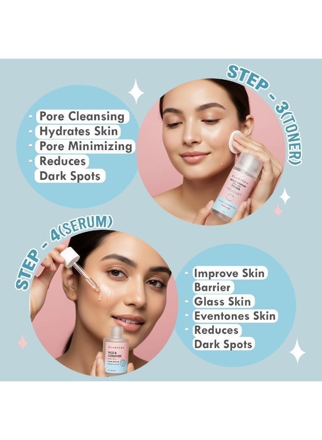 Glamveda Korean Rice & Ceramide 8 Step Weekly Skincare Routine For Women | Face wash 100ml, Peel Off Mask 100g, Toner 100ml, Serum 30ml, Under eye cream 15g, Moisturizer 50ml, Sunscreen 50g& Body Lotion 200ml| Skin Brightening - Image 3
