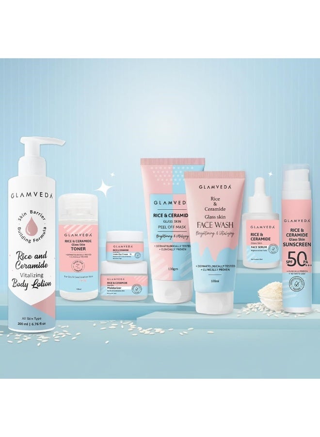 Glamveda Korean Rice & Ceramide 8 Step Weekly Skincare Routine For Women | Face wash 100ml, Peel Off Mask 100g, Toner 100ml, Serum 30ml, Under eye cream 15g, Moisturizer 50ml, Sunscreen 50g& Body Lotion 200ml| Skin Brightening - Image 1