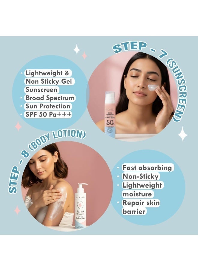 Glamveda Korean Rice & Ceramide 8 Step Weekly Skincare Routine For Women | Face wash 100ml, Peel Off Mask 100g, Toner 100ml, Serum 30ml, Under eye cream 15g, Moisturizer 50ml, Sunscreen 50g& Body Lotion 200ml| Skin Brightening - Image 4