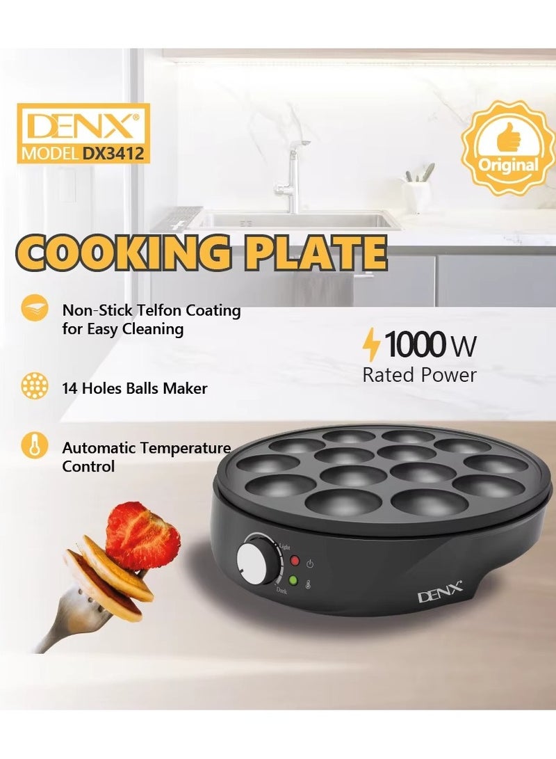 دينكس صانعة الفطائر الصغيرة والتاكوياكي DENX DX3412 - طبق طهي كهربائي متعدد الأغراض للفطائر الصغيرة والتاكوياكي وكعكات البوب ​​والوجبات الخفيفة مع 14 فتحة غير لاصقة، بقوة 1000 واط، وتوزيع متساوٍ للحرارة، وسهولة التنظيف، ونتائج مثالية في كل مرة - Image 3