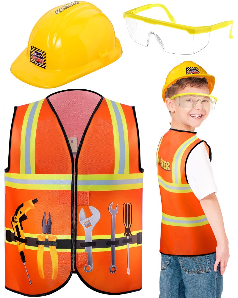 Handepo Construction Worker Costume Kids Hard Hat Construction Vest Goggles Toddler Dress Up Set Birthday Party Girls BoysYellow - Image 2
