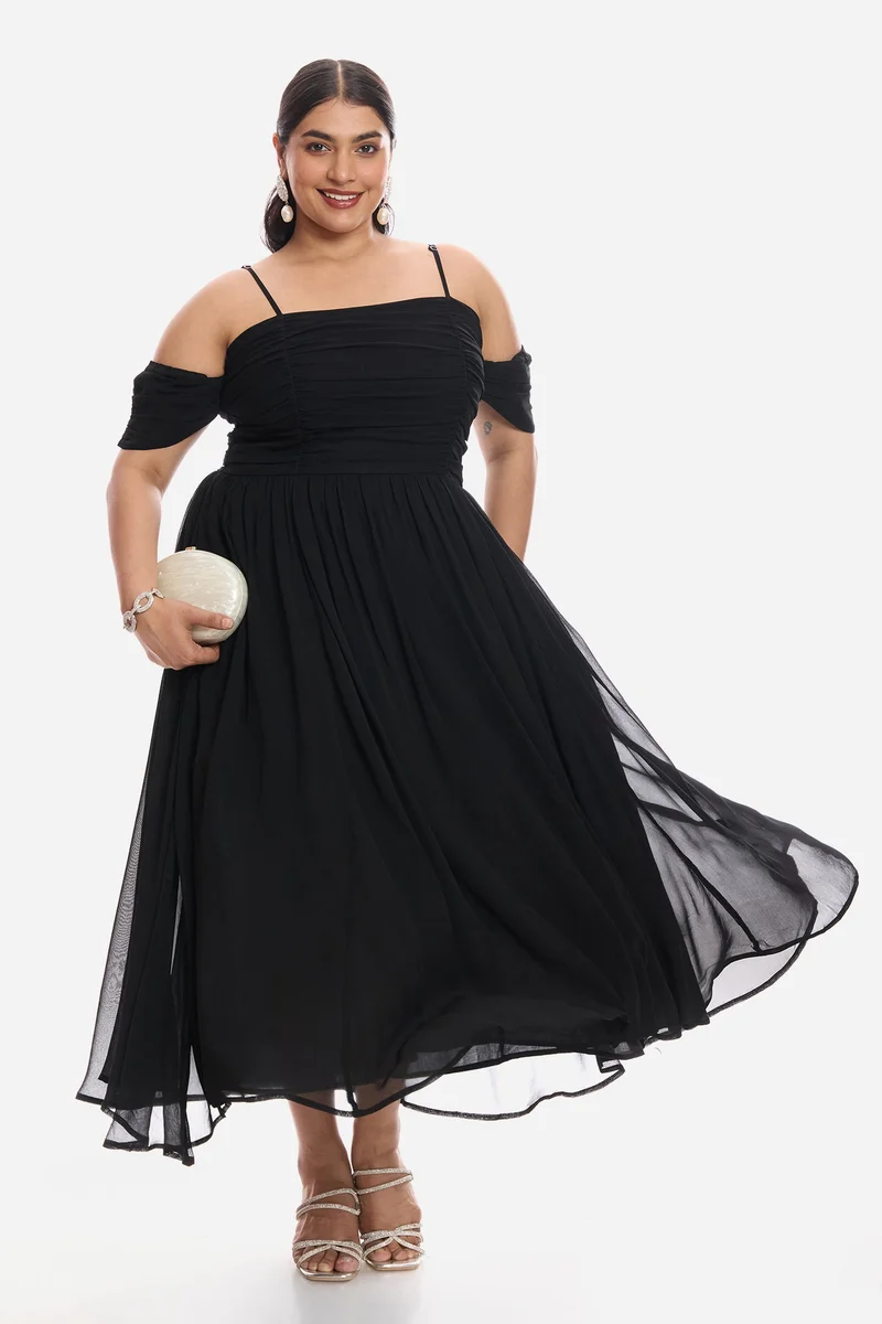 Virgio Solid Viscose Off Shoulder Ruched Plus Size Dress for Women