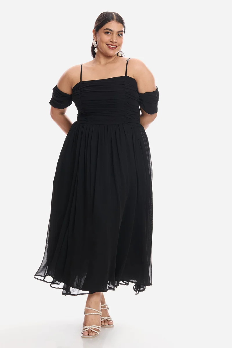 Virgio Solid Viscose Off Shoulder Ruched Plus Size Dress for Women