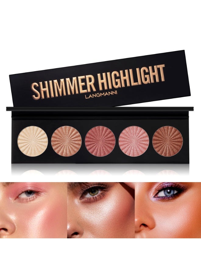 LANGMANNI Highlighter Powder Palette, Makeup Palette Facial Bronzers Illuminator Palette Highlighter Baked Waterproof Long Lasting Brilliant Lighten Skin Color (5 Color, 1 Count (Pack of 1)) - Image 1