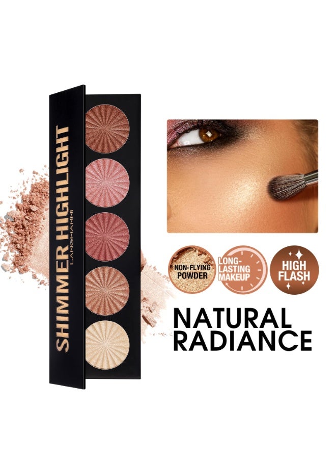 LANGMANNI Highlighter Powder Palette, Makeup Palette Facial Bronzers Illuminator Palette Highlighter Baked Waterproof Long Lasting Brilliant Lighten Skin Color (5 Color, 1 Count (Pack of 1)) - Image 2