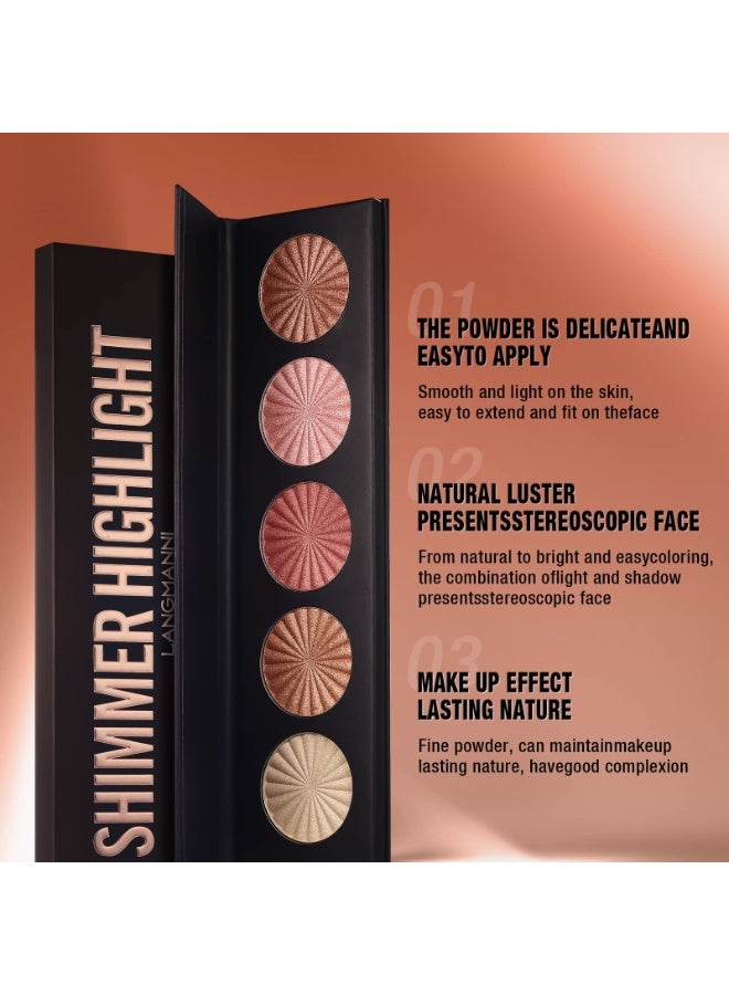 LANGMANNI Highlighter Powder Palette, Makeup Palette Facial Bronzers Illuminator Palette Highlighter Baked Waterproof Long Lasting Brilliant Lighten Skin Color (5 Color, 1 Count (Pack of 1)) - Image 5