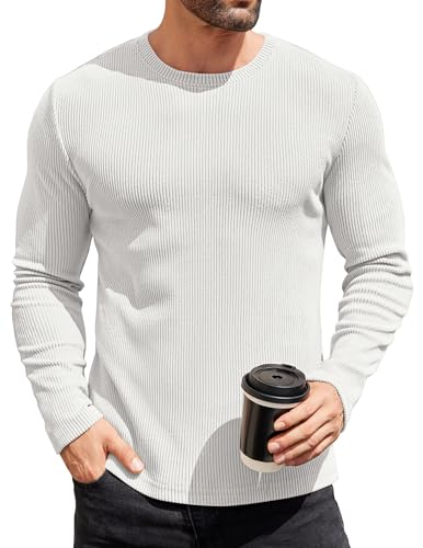 COOFANDY Long Sleeve Shirts for Men Thermal Underwear Fitted Sweater Lightweight Sweatshirt Crewneck Base Layers T-Shirts White - Image 1