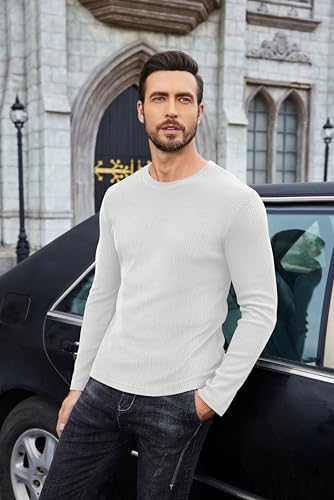 COOFANDY Long Sleeve Shirts for Men Thermal Underwear Fitted Sweater Lightweight Sweatshirt Crewneck Base Layers T-Shirts White - Image 3