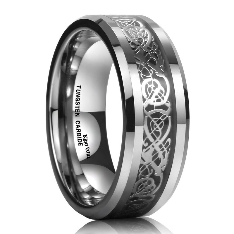 King Will DRAGON Men Tungsten Carbide Ring Wedding Band 8mm Silver Celtic Dragon Inlay Polish Finish 9.5 - Image 1