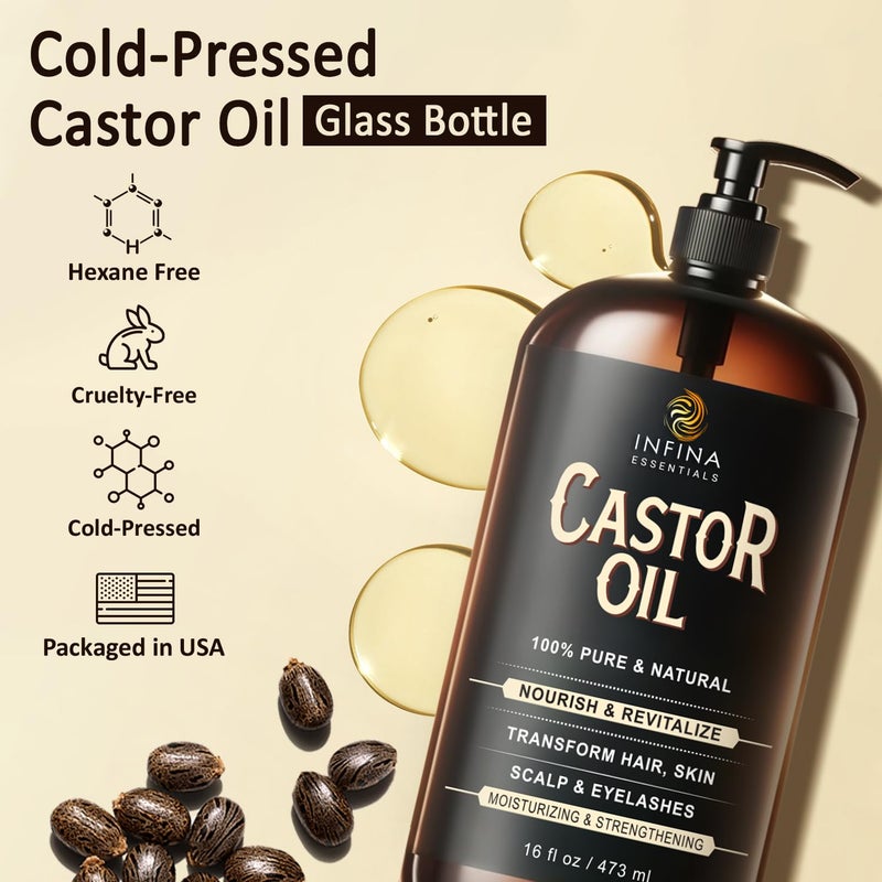 INFINA ESSENTIALS Pure Cold Pressed Castor Oil - Hexane Free, Glass Bottle for Hair Growth, Face, Scalp, Skin & Eyelashes - Nourishing and Moisturizing - 16 fl oz - Image 2