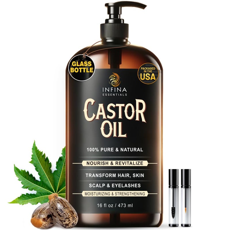 INFINA ESSENTIALS Pure Cold Pressed Castor Oil - Hexane Free, Glass Bottle for Hair Growth, Face, Scalp, Skin & Eyelashes - Nourishing and Moisturizing - 16 fl oz - Image 1
